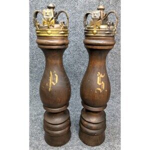 Vintage King Queen Chess Piece Salt & Pepper Mills Wood Brass Crown 12" Working